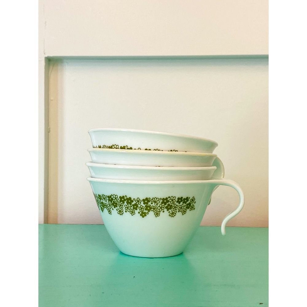 Set of 4- 1970's Pyrex Milk Glass Crazy Daisy Spring Blossom Green Hook Handle